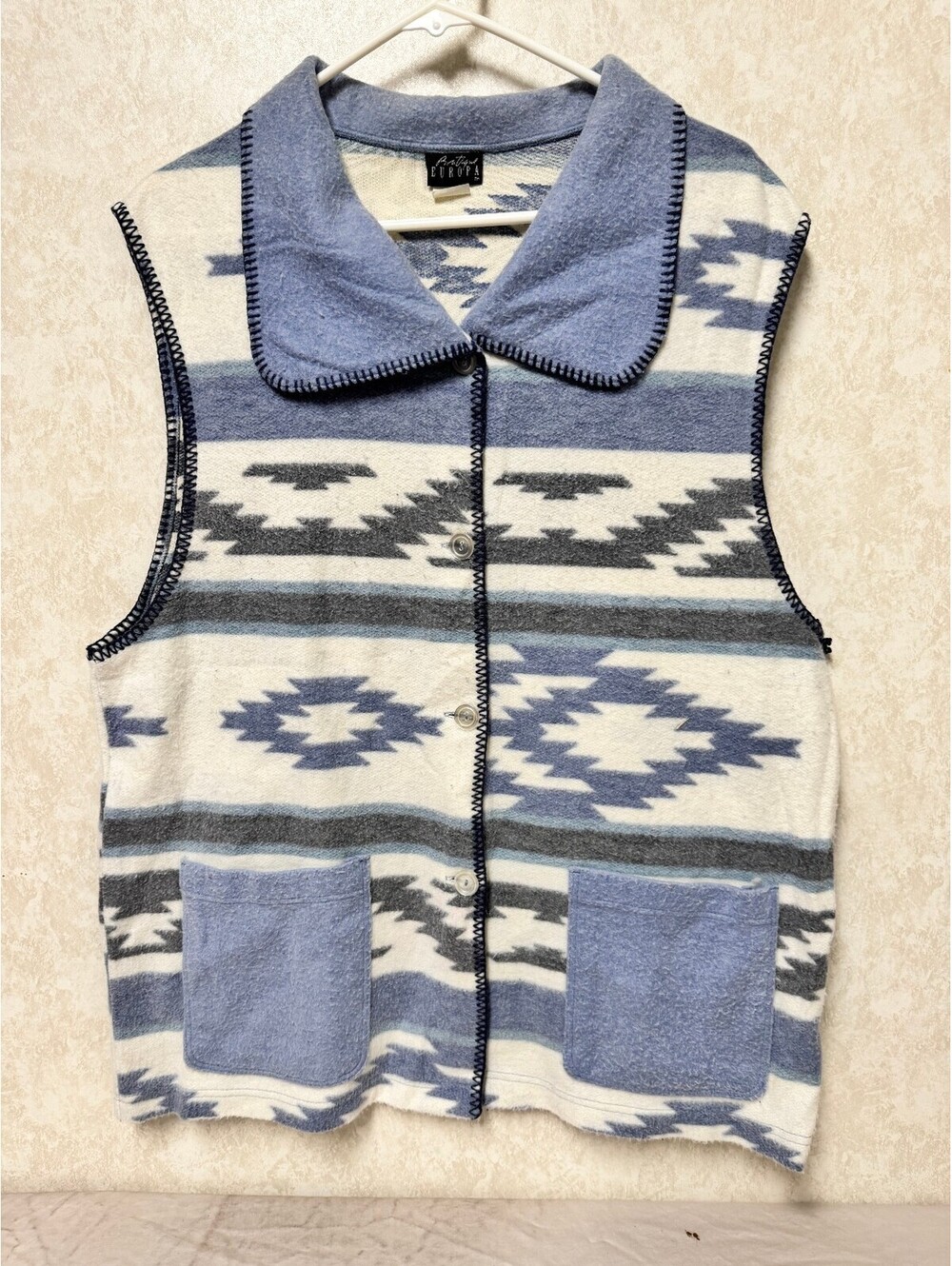 Boutique Europa Southwestern Blanket Vest Blue Cream Vintage XL Made in USA